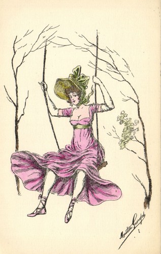 PC ARTIST SIGNED, G. MOUTON, GLAMOUR LADY ON A SWING, Vintage Postcard