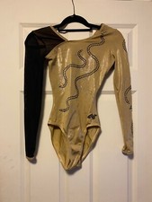 Alfa Factor Gymnastics Competition Leotard Long Sleeve Gold/Black w/crystals