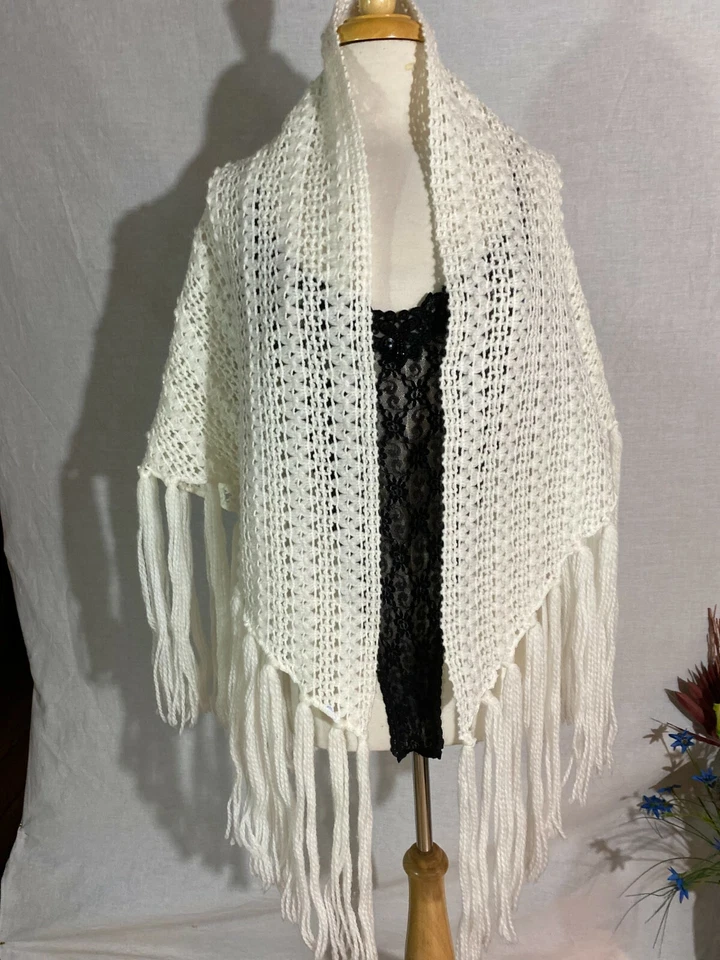 Винтажный 70-х ручной вязки крючком шаль надежном чехол белый треугольник бахрома хиппи фестиваль - Изображение 4 из 4