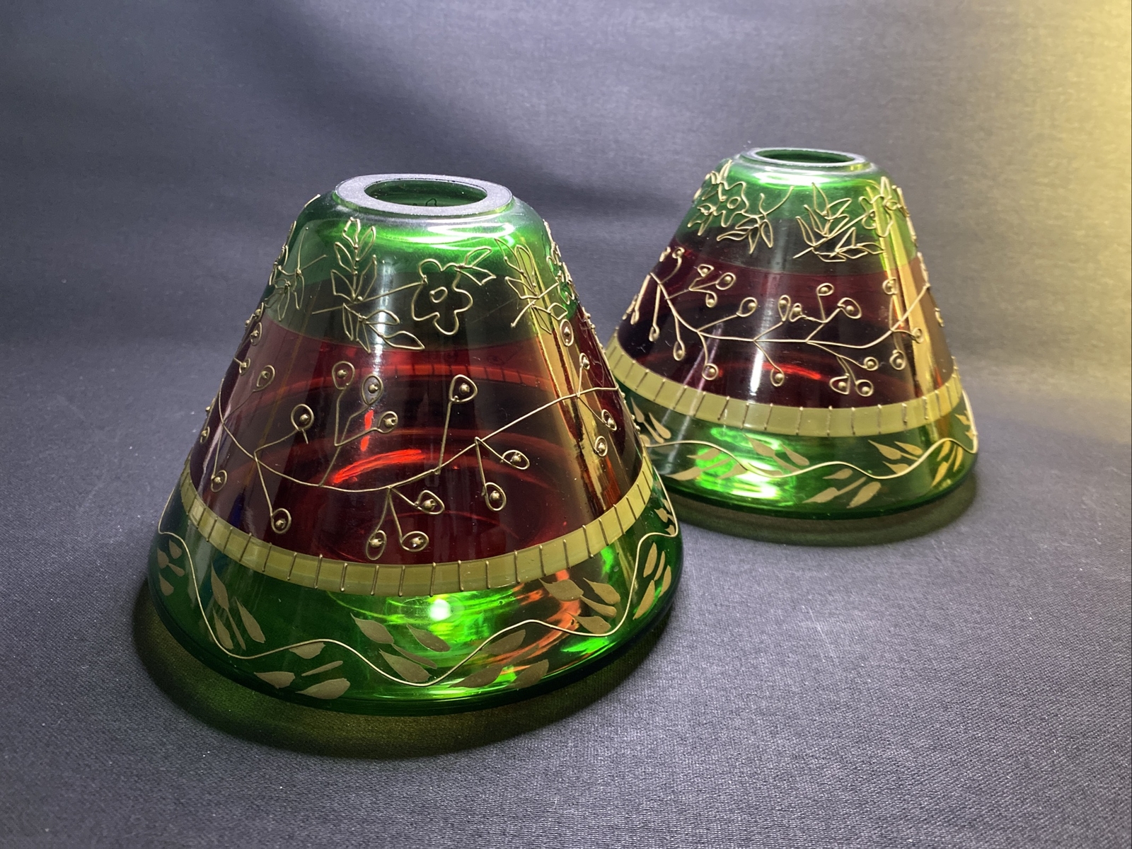Glass Candle Toppers Shade for Jar Candle Red & Green w/Gold Trim Lot