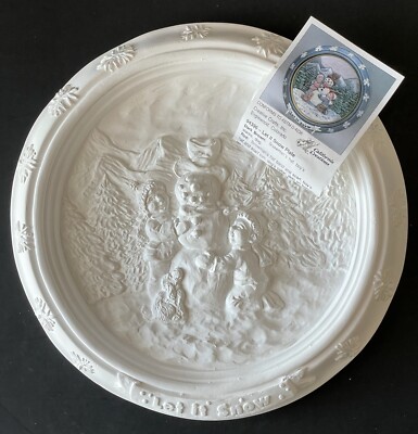CALIFORNIA CREATIONS LET IT SNOW PLATE READY TO PAINT SNOWMAN & CHILDREN PLASTER