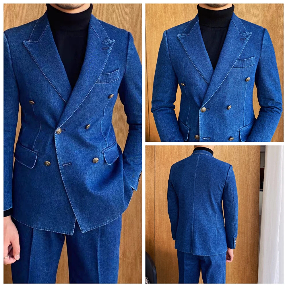 2 Piece Men's Denim Suit In Blue Double-Breasted Jacket Slim Fit Tailored  Pants