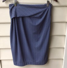 Trenery Blue Skirt White Pebble Geo Print XS 8 Draped Pencil Stretch Lined Slim
