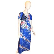 Vintage 70s Sears Blue Hawaiian Print Full Length Caftan Medium NEW OLD STOCK