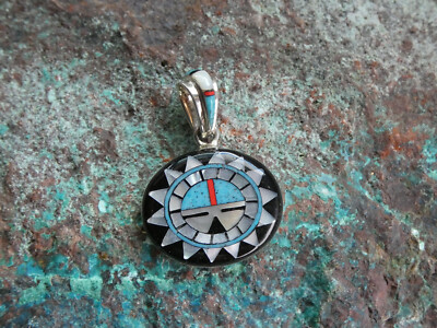 Southwest Zuni Sun Face God Multi Gemstone Sterling Silver 925 Pendant NEW AO50