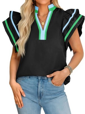 Womens Ruffle Cap Sleeve Tops Summer V Neck Dressy Casual Blouses