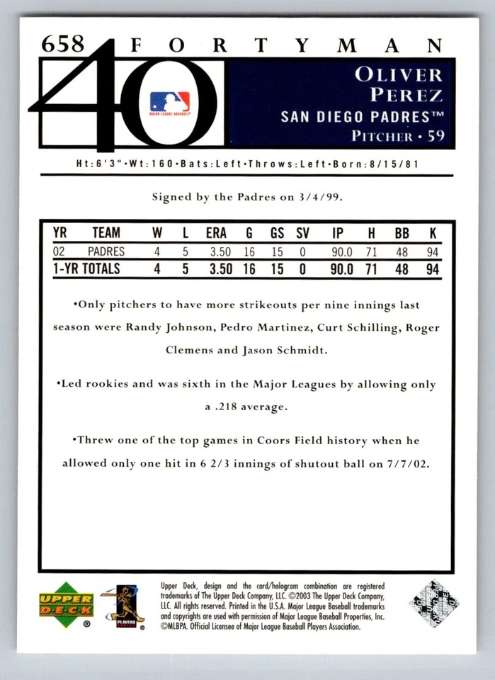 2003 Upper Deck 40-Man #658 Oliver Perez San Diego Padres - Image 2 of 2