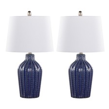 Ceramic Table Lamp Set of 2 Dark Blue with White Linen Shade 23"