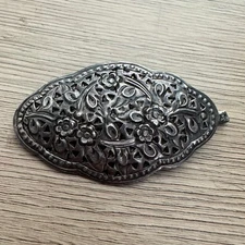 Rare Antique Sterling Victorian Edwardian Repousse Floral Hair Clip Barrette
