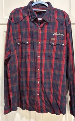 Indian Motorcycle Pearl Snap Button Up Long Sleeve Plaid Cotton Shirt Size XXL