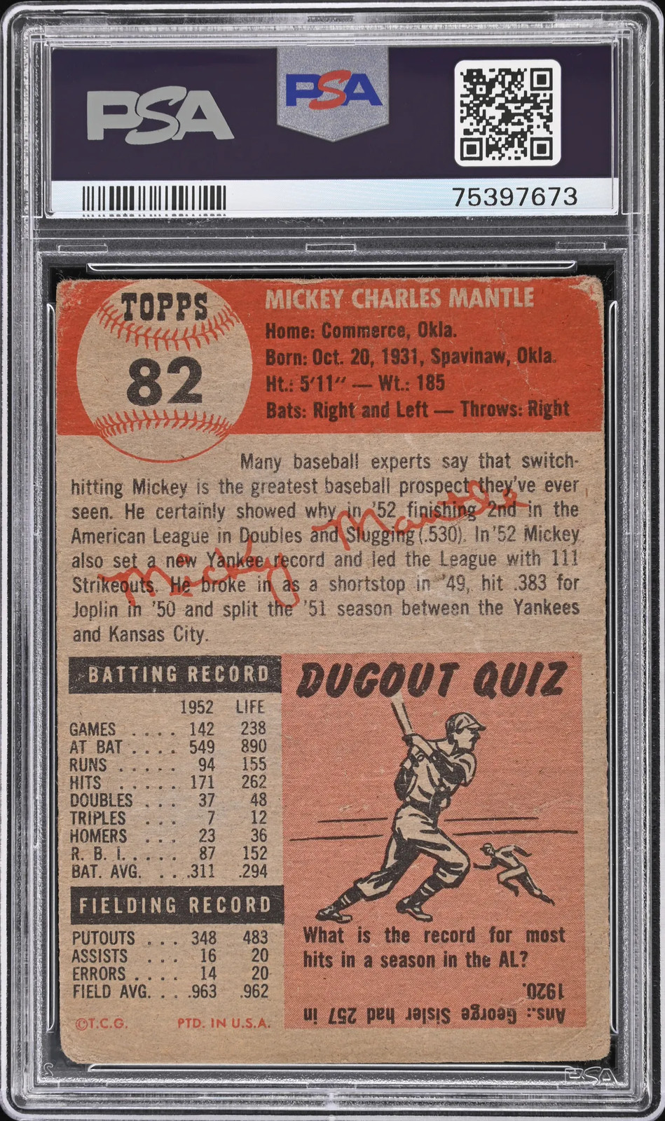 1953 Topps Mickey Mantle #82 PSA 1 view 2