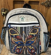 Small Cotton  Hemp Backpack with Colorful Butterfly Patch   Handmade in Nepal