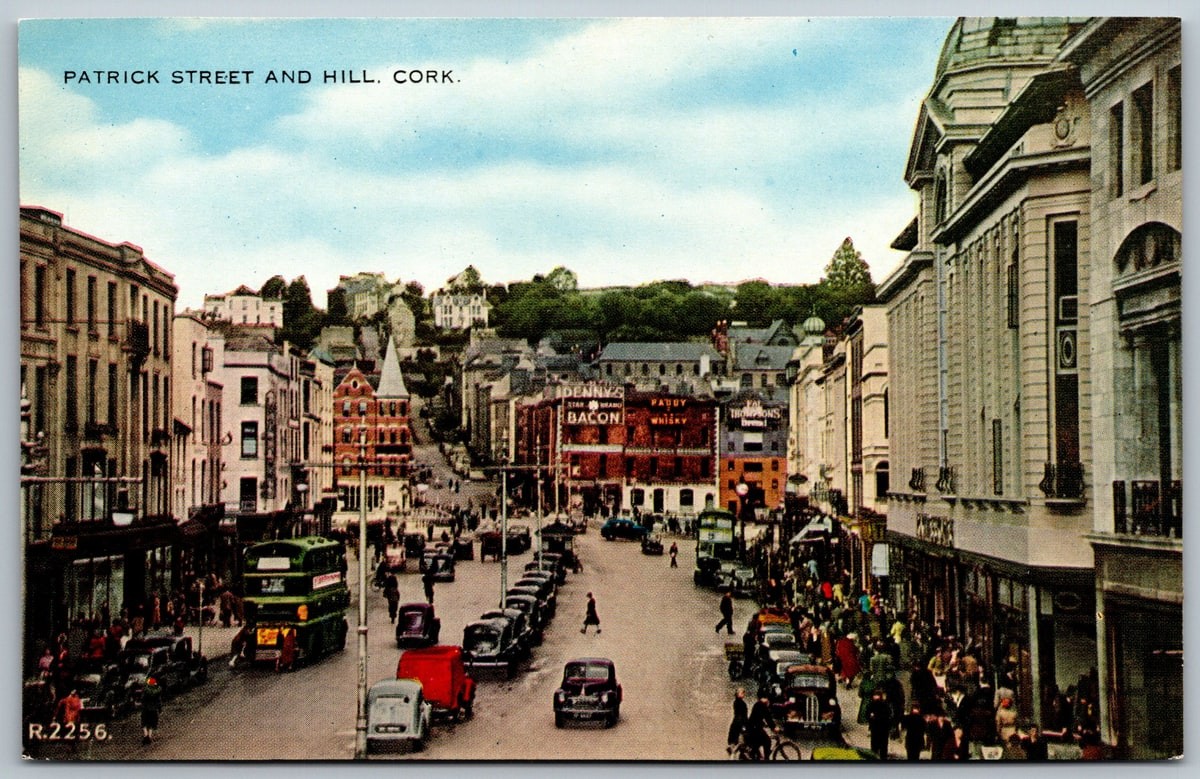 Postcard Cork Ireland Patrick Street Hill 1940s Chrome Cars Shops