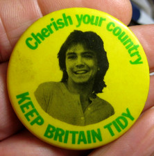 DAVID CASSIDY rare vintage 1972-3 UK KEEP BRITAIN TIDY promotion 45mm pin BADGE