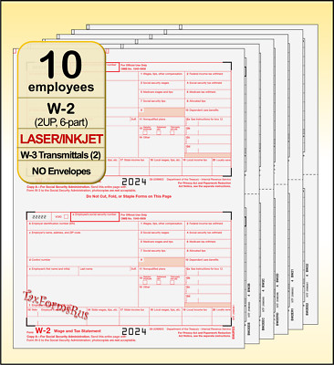 2024 IRS Tax Form W-2 Wage Stmts 10 employees LASER +(2)W3 #W2TRADS605 - NO Env