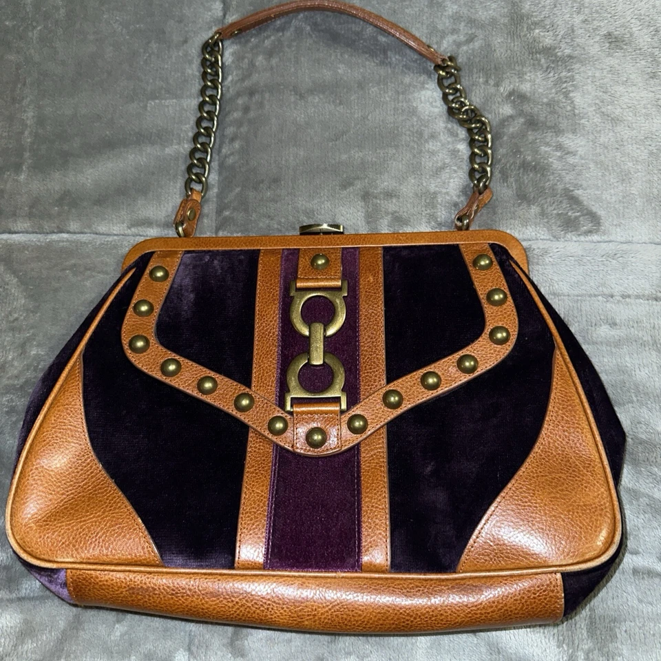 VINTAGE ISABELLA FIORE  Leather, Brass & Velvet SHOULDER HANDBAG EUC RARE - Image 4 of 4