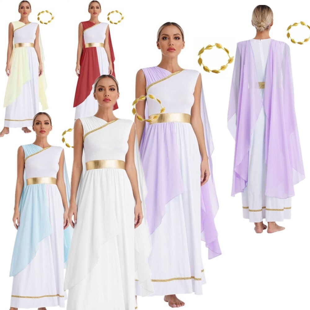 Womens Ancient Greek Toga Empress Costume Chiffon Dress with Gold Leaf  Headwear | eBay