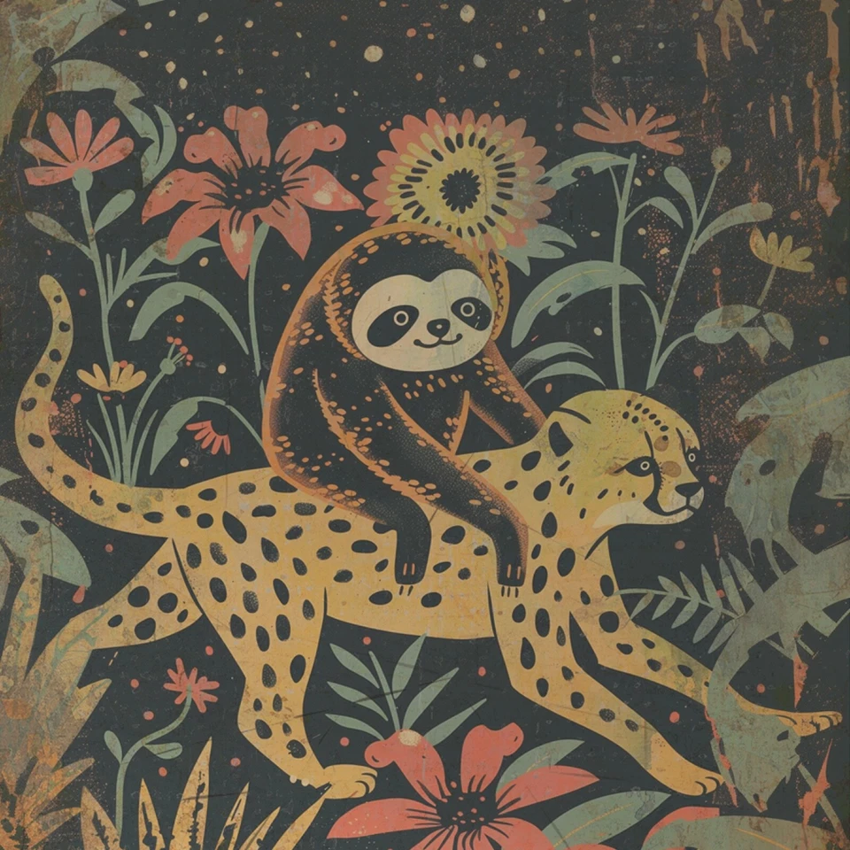 ЛЕНИВЕЦ ГЕПАРД цветок друзей настенное искусство, леопард небесный плакат, ботанический декор - Изображение 2 из 4
