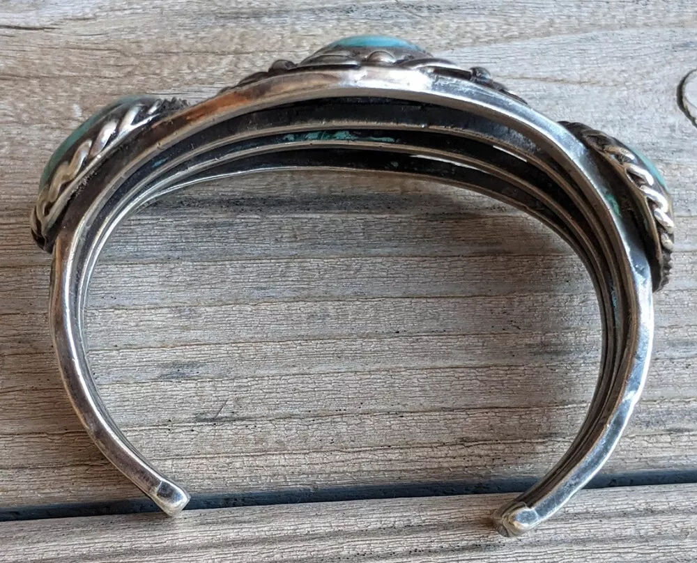 Old Pawn Navajo Silver Bracelet Ca 1930s-40s with 3 Pilot Mountain Turquoise