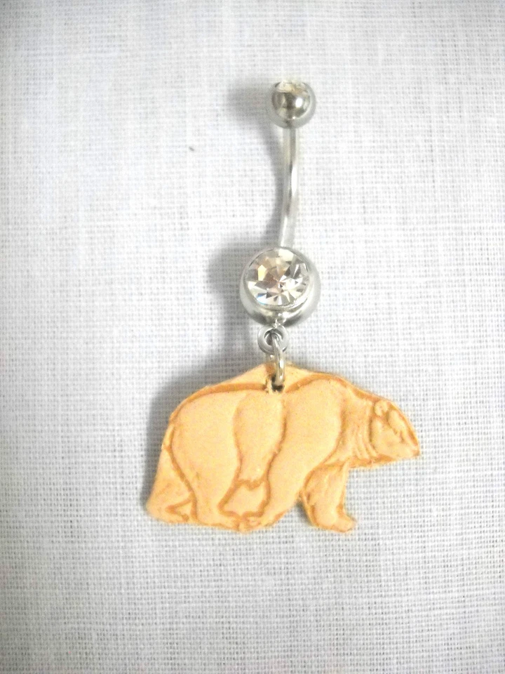 WILDLIFE WALKING BEAR STAMPED LEATHER CHARM on 14g DBL CLEAR BELLY RING BARBELL - Image 1 of 1