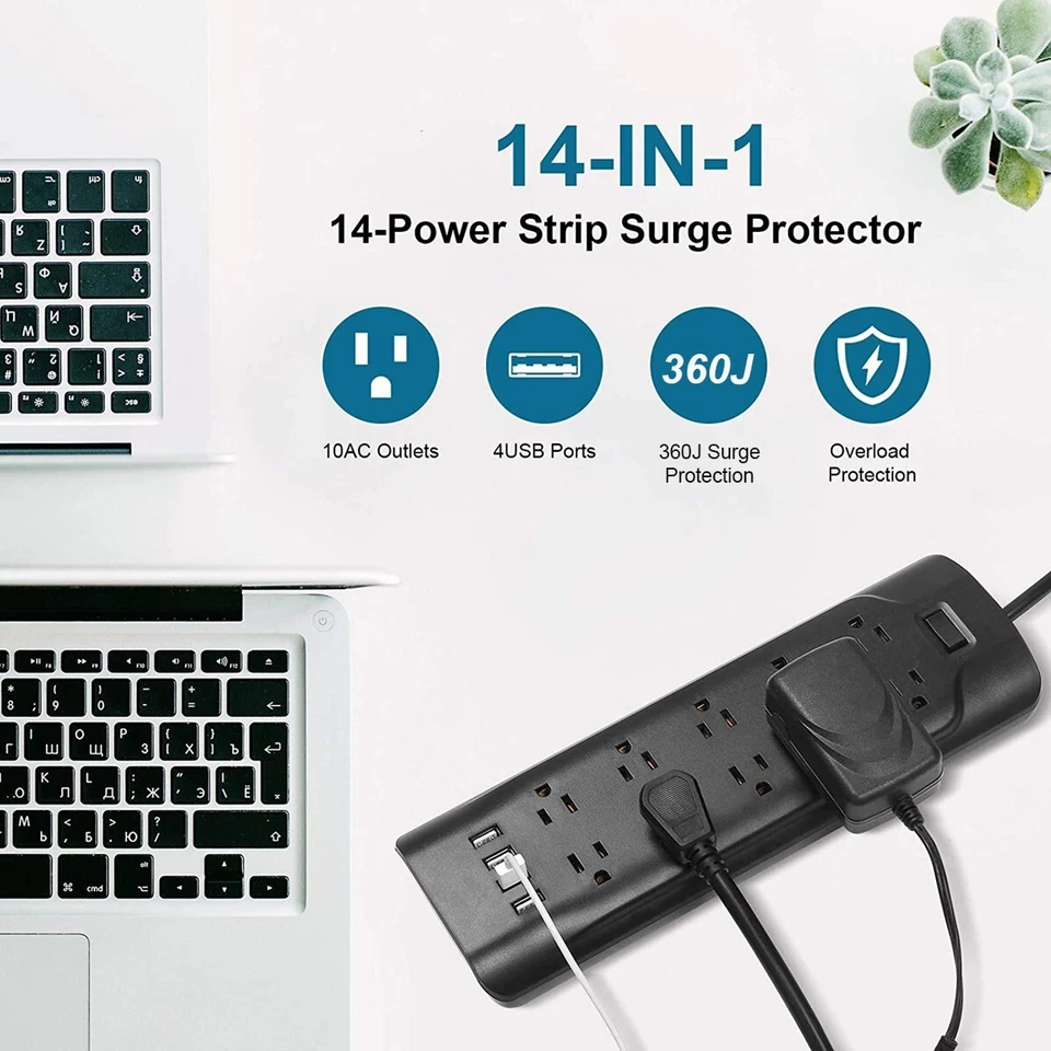 10 Outlet Surge Protector Power Strip with 4 USB Charging Port Black - Image 3 of 4