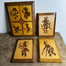 INDIGENOUS Marquetry Wall Hangings Lot of 4 Pueblo Santa Fe Kuchina Tuhavi 3245