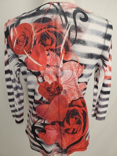 One World Black & White Striped Henley Top Hearts & Roses Print Women's Size PM. - Picture 5 of 9