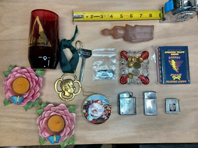 Vintage Junk Drawer Lot Military Buttons Zippo Space Shuttle Cup Lot