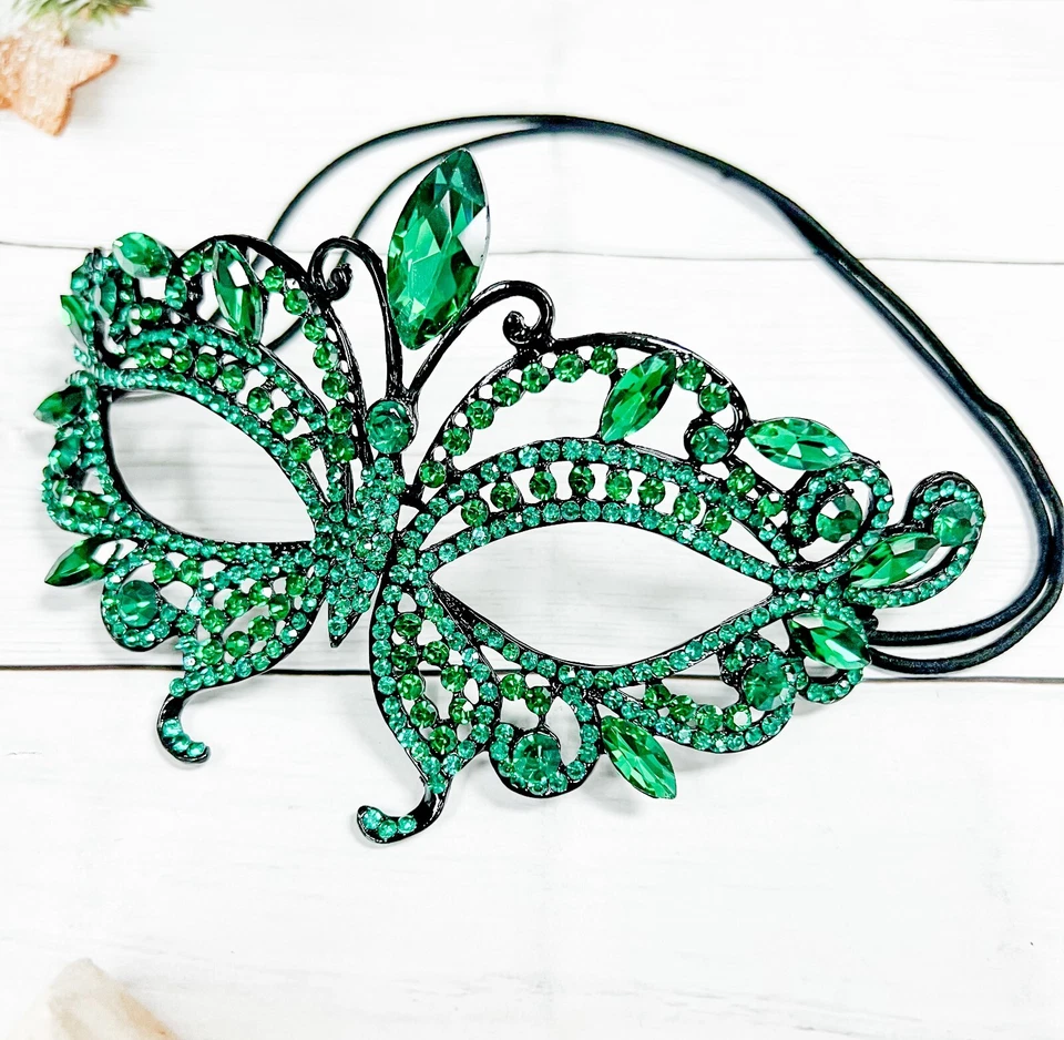 Green Crystal Masquerade Mask, Masquerade Wedding Mask, Black Mask, Prom Mask - Image 2 of 4