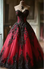 Black And Red Gothic Wedding Dress Lace Appliques Sweetheart Neckline Sleeveless
