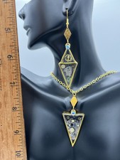 Earring  necklace set dark gold colored retro style w/ 23 in gold plated chain