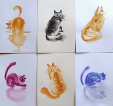 Original Artwork Painting BLACK RED ORANGE CATS Portrait Animal Pet Art-A6- 6pic