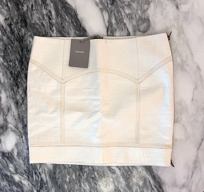 Tom Ford $2250 New Crocodile Embossed Leather Mini Skirt In Chalk Size 4