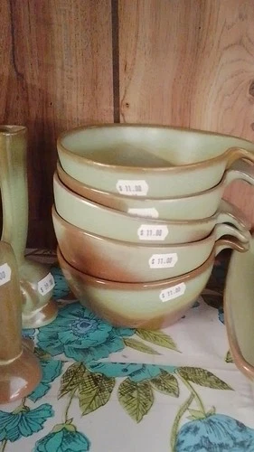 Frankoma 4X Green Brown Ceramic Pottery Soup Bowls Round Impressed Backstamp