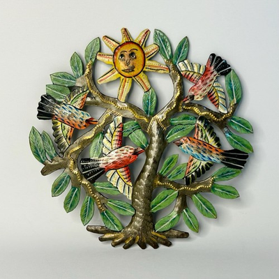 #ad Folk Art Tree of Life Metal Wall Birds Sun Hand Painted Colorful 8.5quot; $24.50
