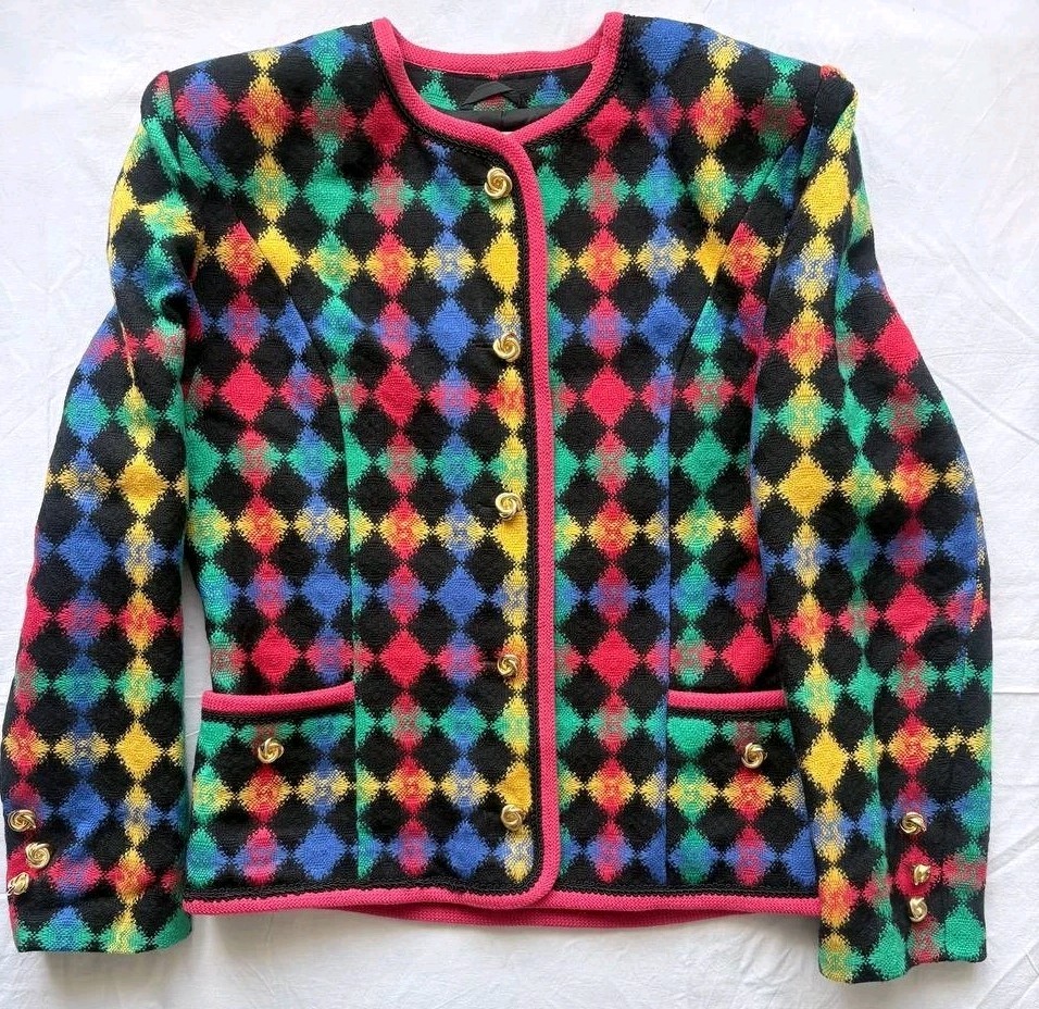 Chaqueta Nina Biasini Vintage Mujer US 8 EU 38 Lana Pura Arlequín Blazer Tejido⁠