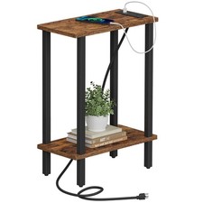 Narrow 2-Tier Side Table with Charging Station, Small End Table for Living Room
