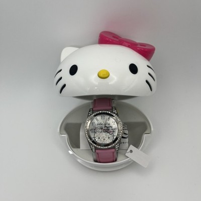 Hello Kitty MZ Berger Sanrio Watch Rhinestones & Pink Cowhide Strap Cat Bow Case