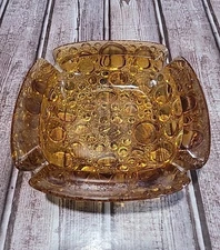 Vintage Mid Century Modern 6" Square Libbey Amber Glass Ashtray Pebble Bubble