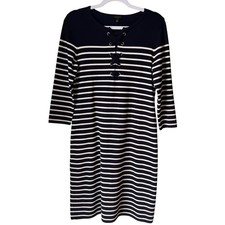 Talbots Navy Blue White Stripe Sweater Dress Nautical Lace Up Coastal Size Small