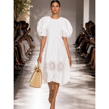 Stella McCartney White Puff-Sleeve Eyelet Midi Dress NWT Size 0 FR36