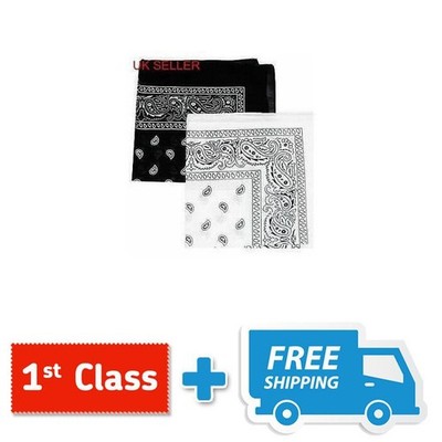 2X BAUMWOLLE PAISLEY BANDANA STIRNBAND KOPFBEDECKUNG KRAWATTE WICKELBAND SCHAL SCHWARZ WEISS