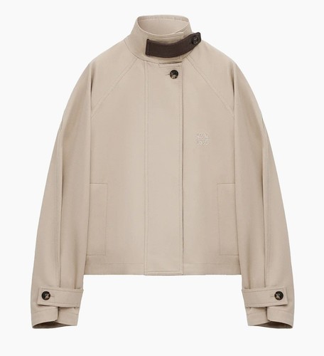 Loewe Short Parka Jacket Beige FR38 Luxury Designer Silk Leather Authentic