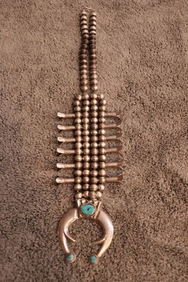 Vintage Navajo Pearl Sand Cast Squash Blossom Naja Sterling Silver Necklace