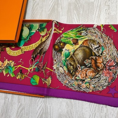 Unused HERMES Carre 90 Faune et Flore du Texas Vintage Silk Scarf Kermit Oliver