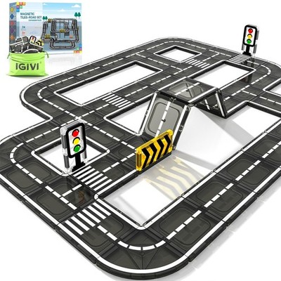 Magnetic Tiles Road Expansion Pack, STEM Magnet Building Blocks for Toddler Kids