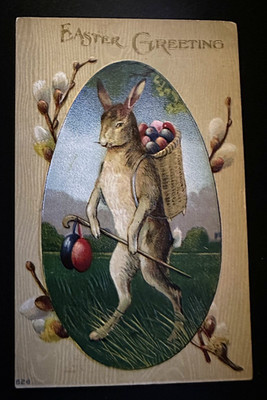 Standing ~Bunny Rabbit with Basket of Eggs~Anthropomorphic Easter Postcard-m185