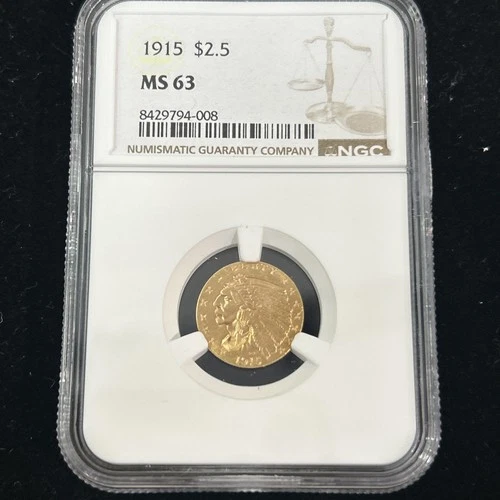 SASA 1915 P $2.5 Gold Indian Head Uncirculated Quarter Eagle, NGC MS63