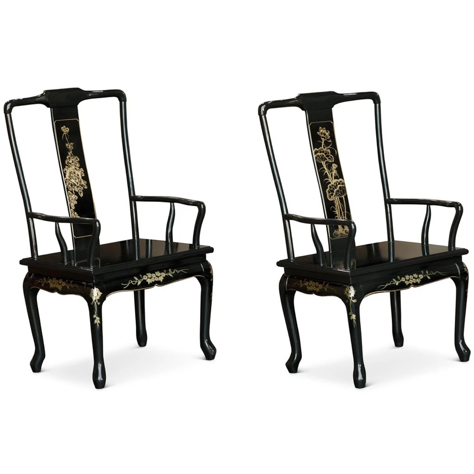US SELLER - Black Lacquer Mother of Pearl Oval Chinese Dining Set w Six Chairs - Image 3 of 4