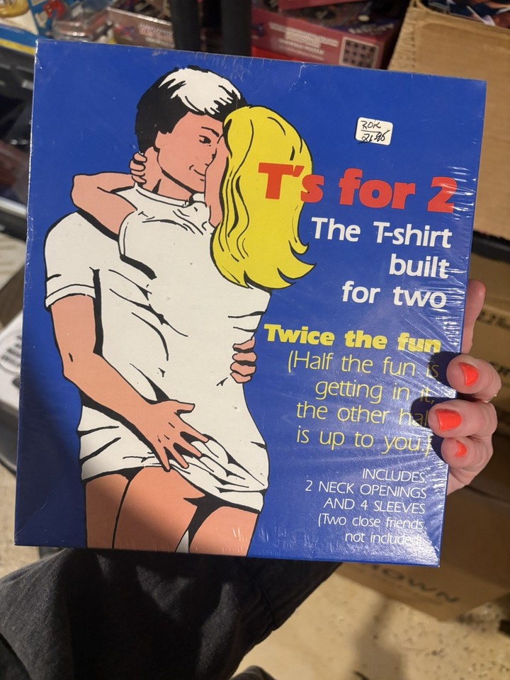 Deadstock 'Built for Two' novelty tee designed for two people to wear simultaneously — a rare, still-tagged vintage gag gift that's genuinely hard to find.